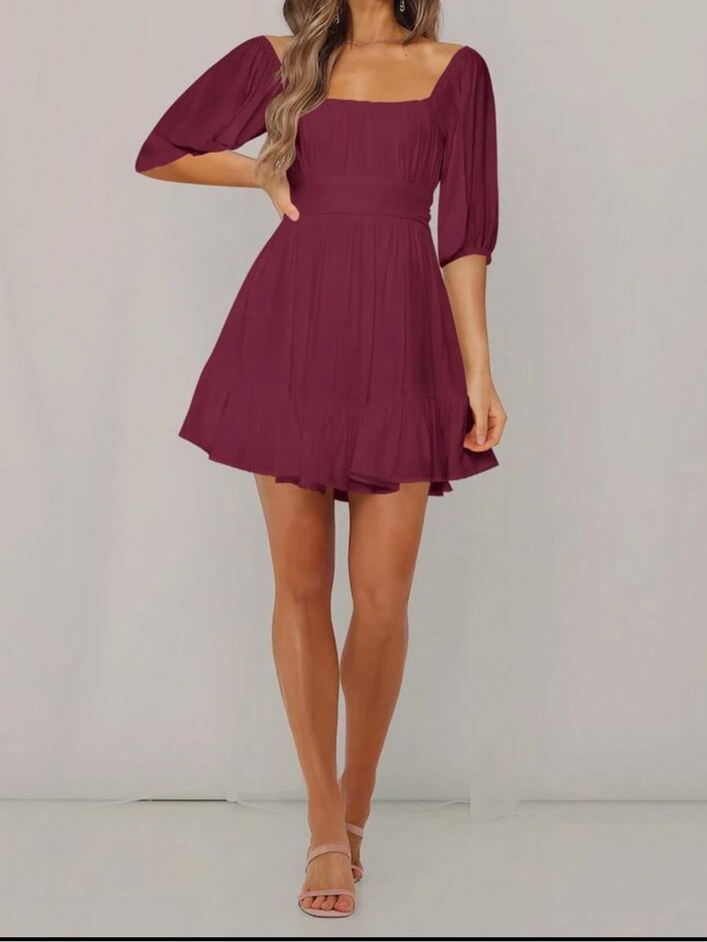 Burgundy Square Neck Short Dress Open Back - XL